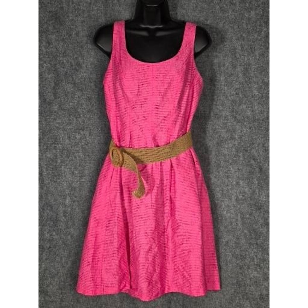 Nine‎ West Hot Pink Textured Stripe Sleeveless Fit and Flare Belted Dress Sz 12
